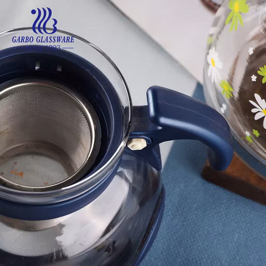 1.6L Big Capacity Heat Resistant Round Glass Teapot Glass Coffee Kettle with Stainless Steel Infuser Black Colored Plastic Handle Lid for Home Use